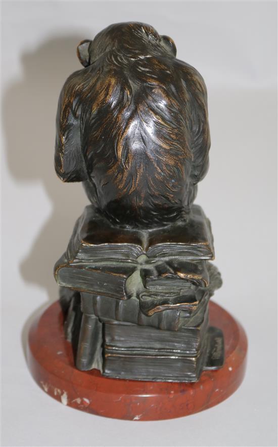 Wolfgang Hugo Rheinhold (1853-1900). A patinated and cold painted bronze sculpture ape with skull, 7.5in.